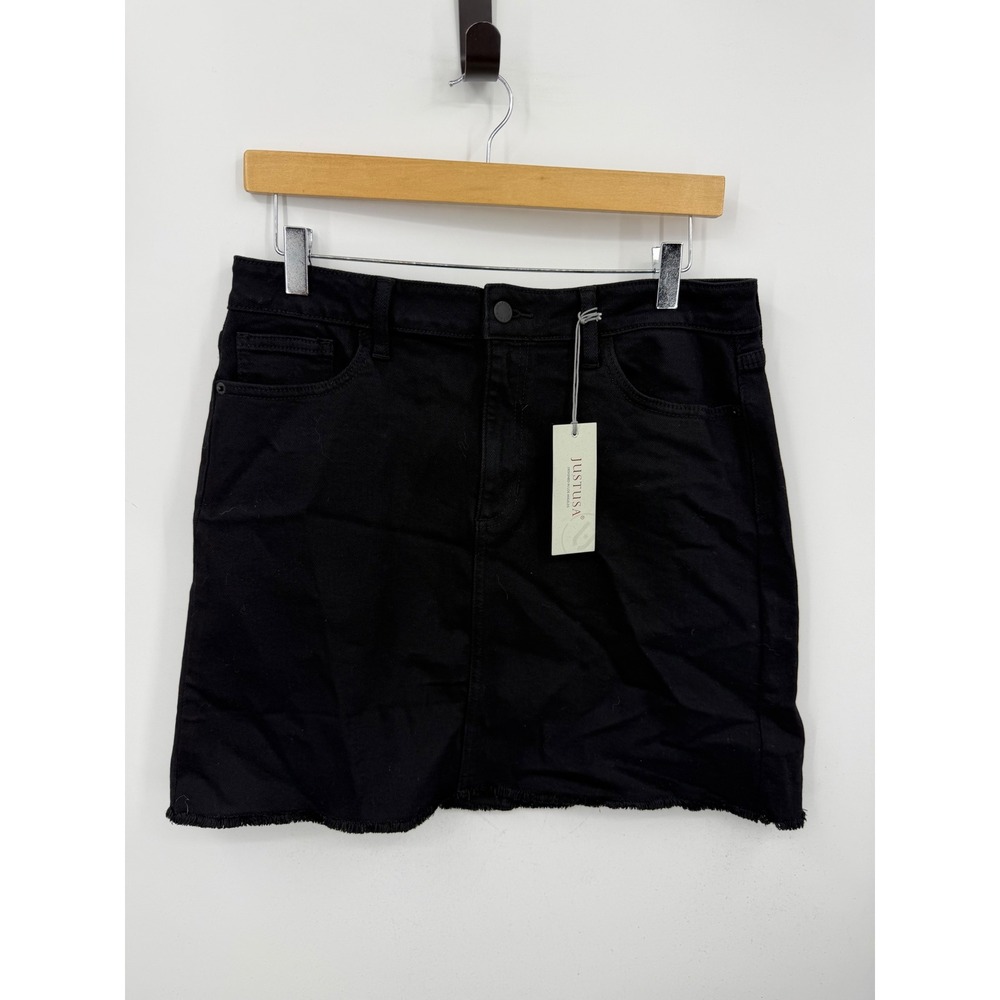 Just USA Tatiana Denim Skirt Women Size L Black A-Line Frayed Hem AB158K-BLK